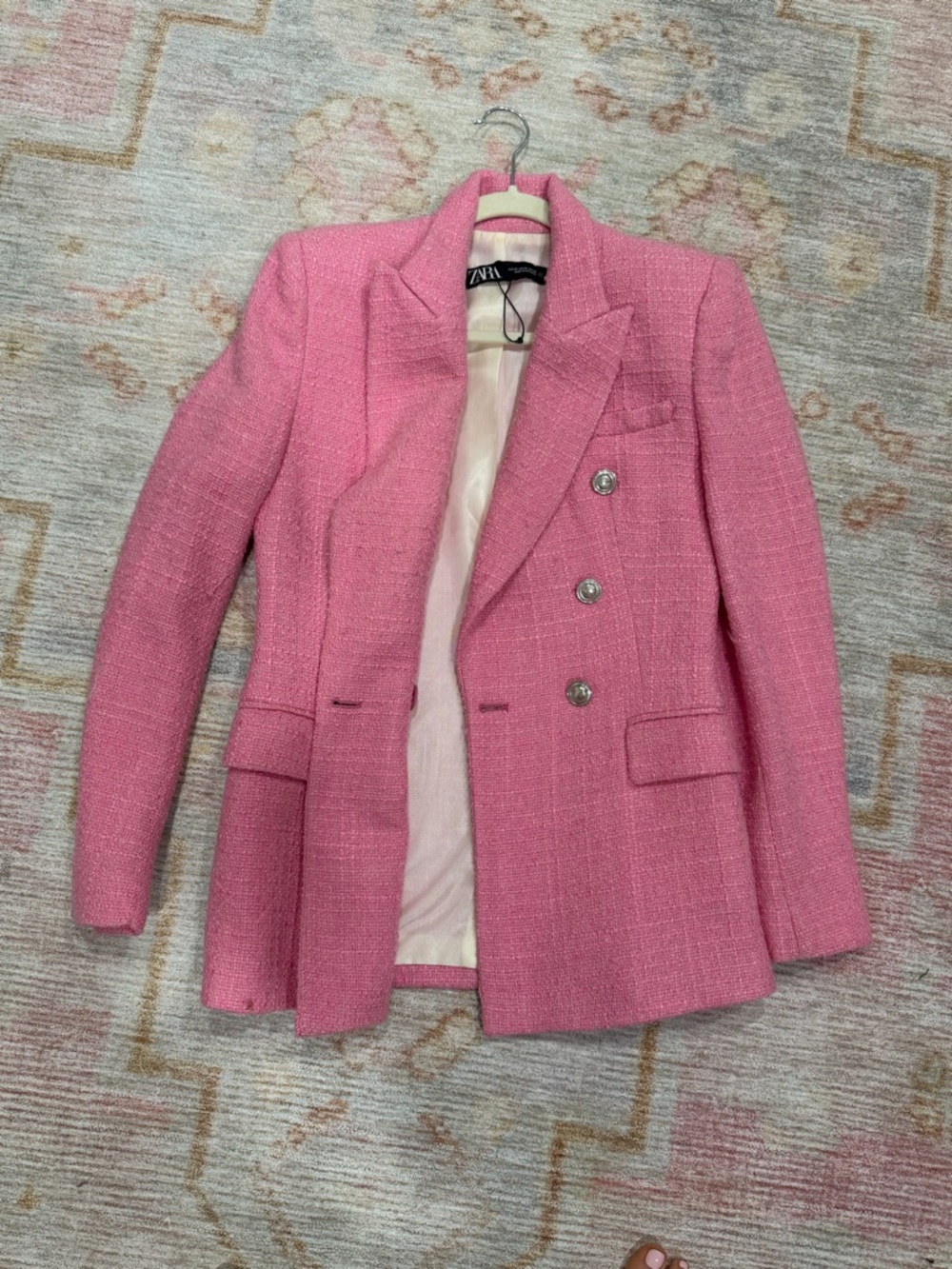 Zara Women’s Pink Double-Breasted Tweed Blazer Jacket XS